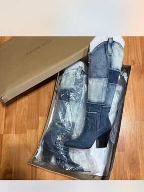 Steve Madden LASSO  Patchwork Denim Knee-High Boots - Blue